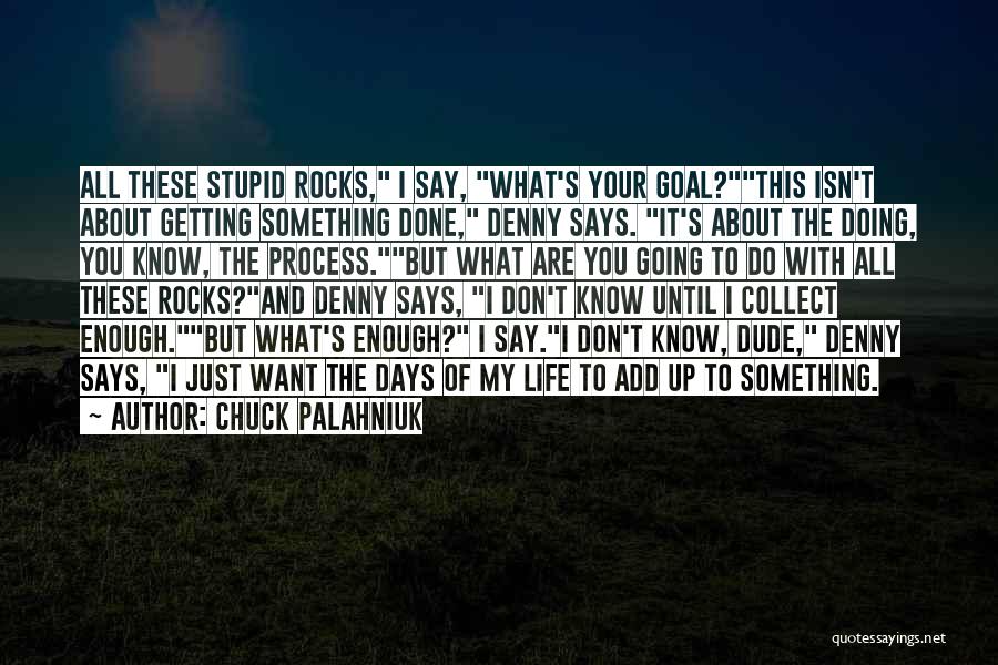 Chuck Palahniuk Quotes: All These Stupid Rocks, I Say, What's Your Goal?this Isn't About Getting Something Done, Denny Says. It's About The Doing,
