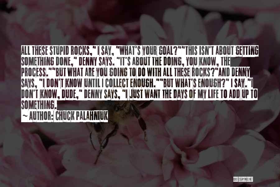 Chuck Palahniuk Quotes: All These Stupid Rocks, I Say, What's Your Goal?this Isn't About Getting Something Done, Denny Says. It's About The Doing,