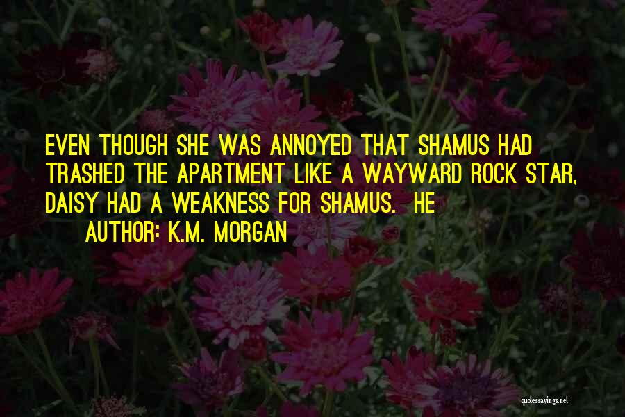 K.M. Morgan Quotes: Even Though She Was Annoyed That Shamus Had Trashed The Apartment Like A Wayward Rock Star, Daisy Had A Weakness