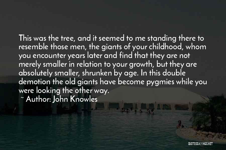 John Knowles Quotes: This Was The Tree, And It Seemed To Me Standing There To Resemble Those Men, The Giants Of Your Childhood,