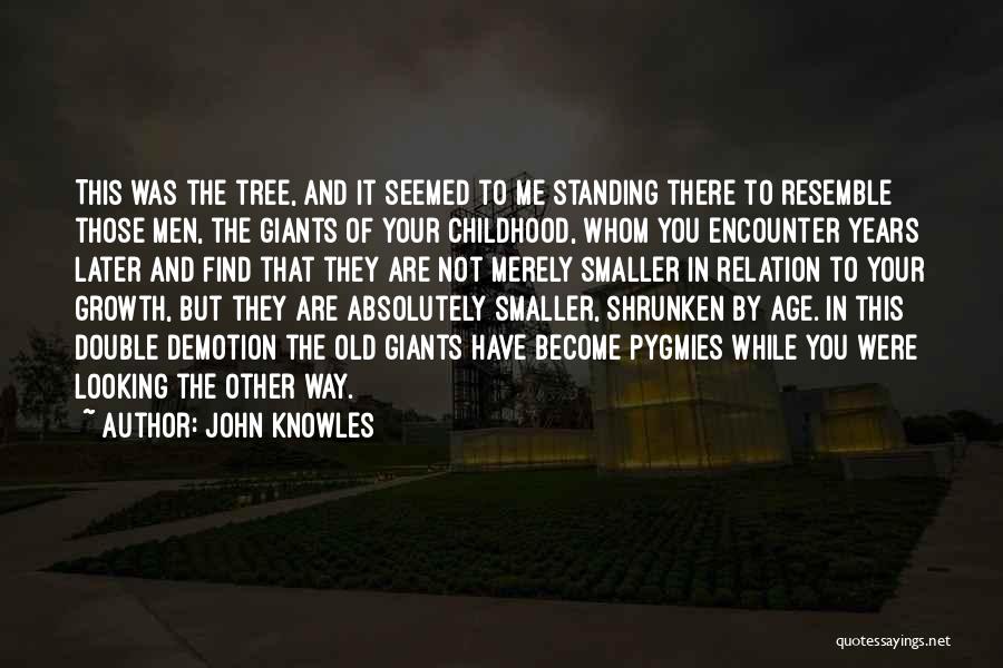 John Knowles Quotes: This Was The Tree, And It Seemed To Me Standing There To Resemble Those Men, The Giants Of Your Childhood,