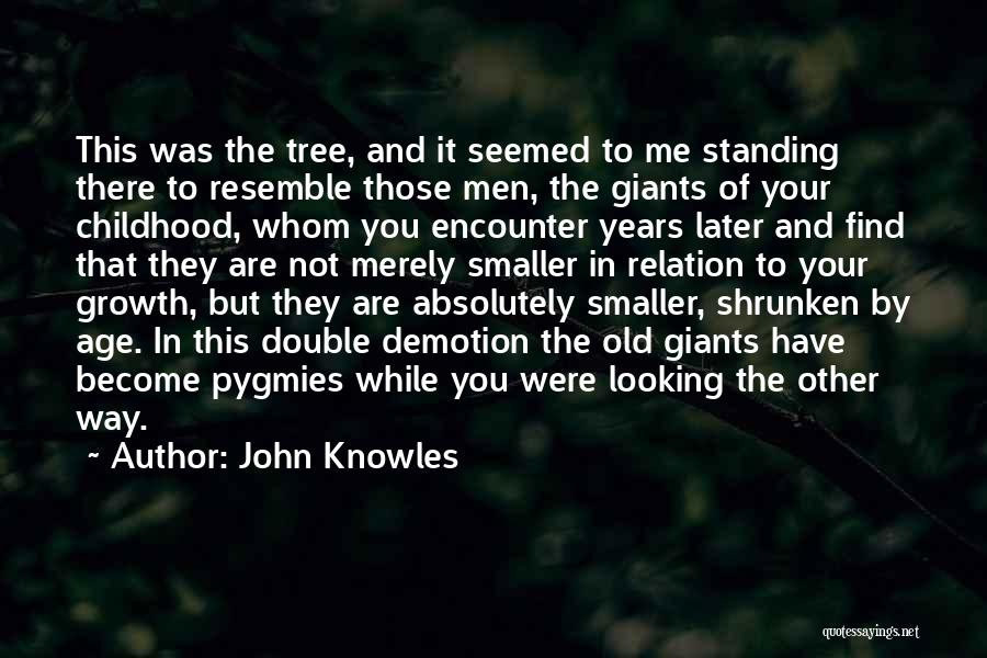 John Knowles Quotes: This Was The Tree, And It Seemed To Me Standing There To Resemble Those Men, The Giants Of Your Childhood,