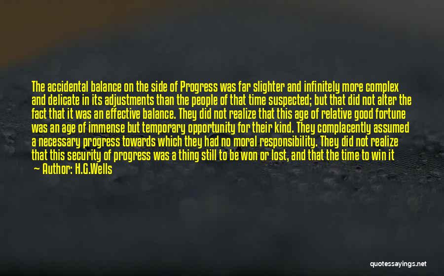 H.G.Wells Quotes: The Accidental Balance On The Side Of Progress Was Far Slighter And Infinitely More Complex And Delicate In Its Adjustments