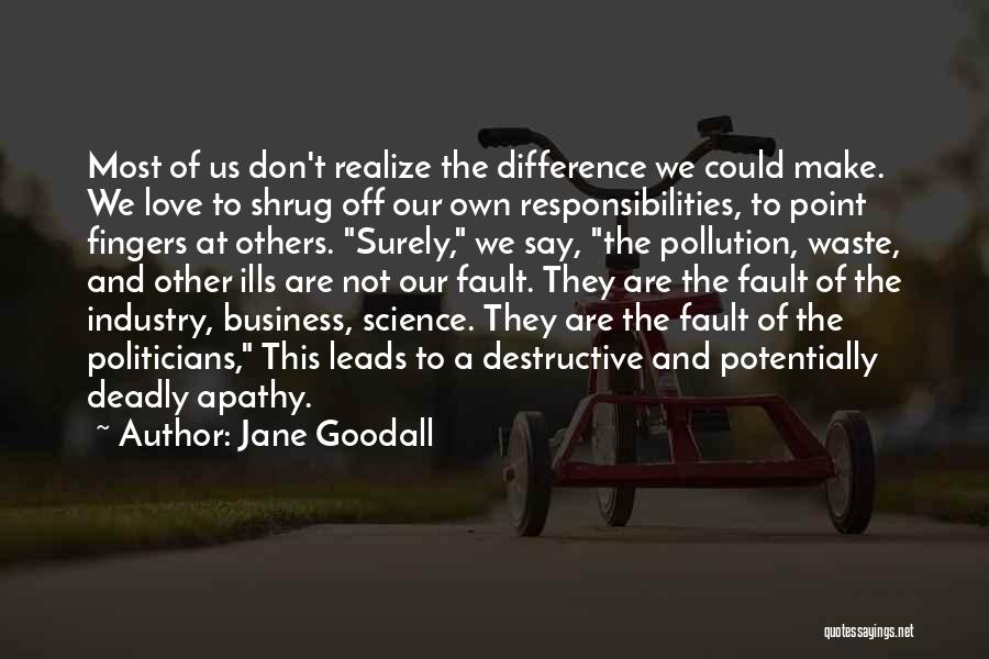 Jane Goodall Quotes: Most Of Us Don't Realize The Difference We Could Make. We Love To Shrug Off Our Own Responsibilities, To Point