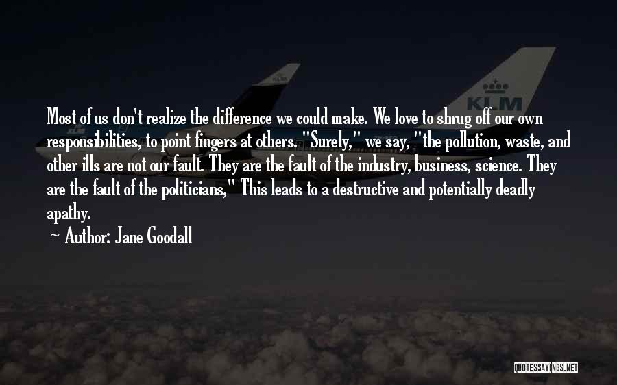 Jane Goodall Quotes: Most Of Us Don't Realize The Difference We Could Make. We Love To Shrug Off Our Own Responsibilities, To Point