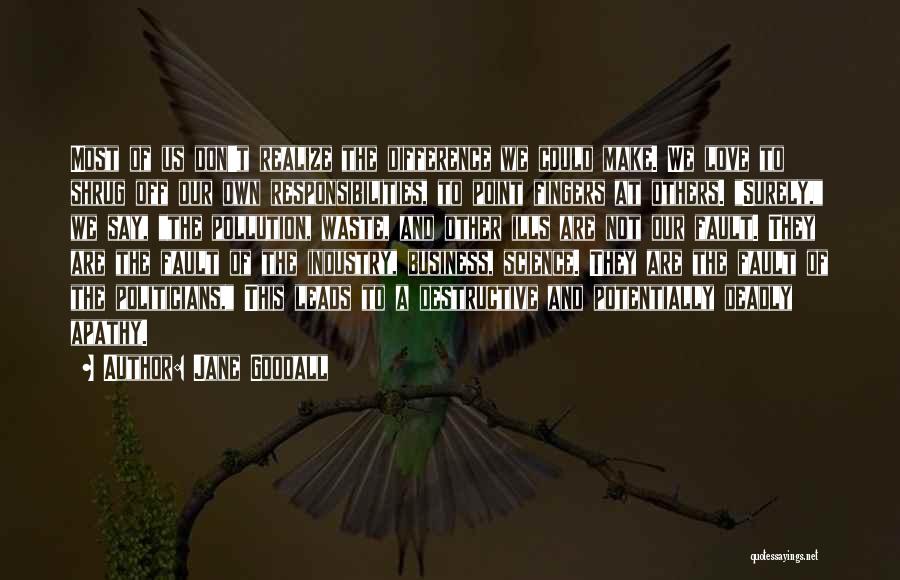 Jane Goodall Quotes: Most Of Us Don't Realize The Difference We Could Make. We Love To Shrug Off Our Own Responsibilities, To Point