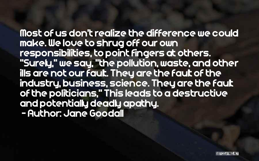 Jane Goodall Quotes: Most Of Us Don't Realize The Difference We Could Make. We Love To Shrug Off Our Own Responsibilities, To Point