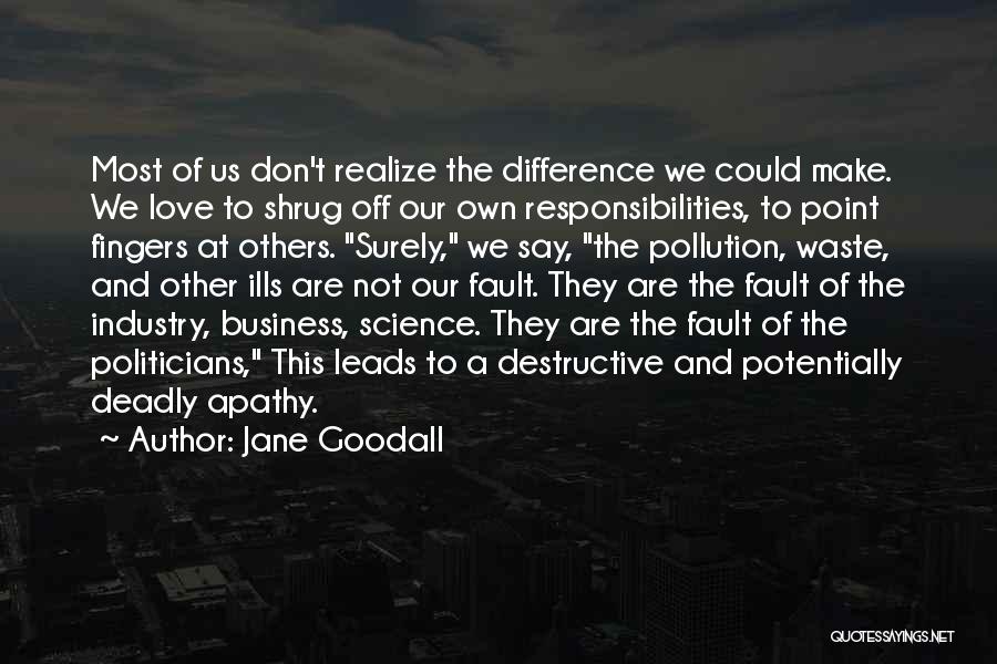 Jane Goodall Quotes: Most Of Us Don't Realize The Difference We Could Make. We Love To Shrug Off Our Own Responsibilities, To Point