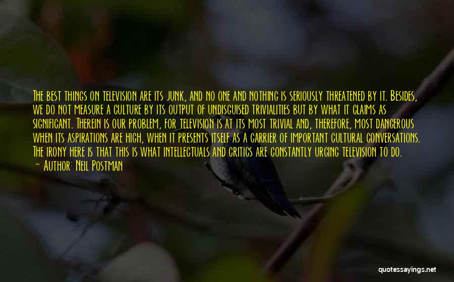 Neil Postman Quotes: The Best Things On Television Are Its Junk, And No One And Nothing Is Seriously Threatened By It. Besides, We