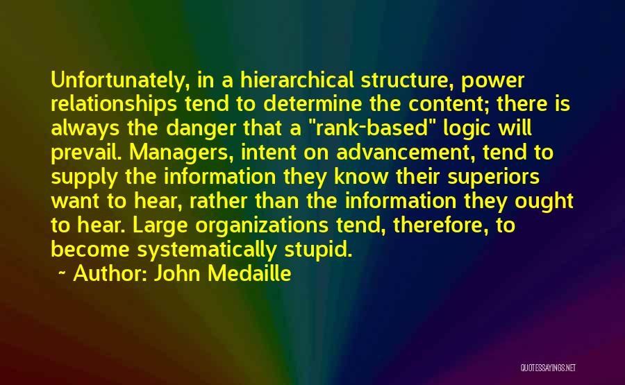 John Medaille Quotes: Unfortunately, In A Hierarchical Structure, Power Relationships Tend To Determine The Content; There Is Always The Danger That A Rank-based