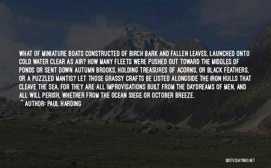 Paul Harding Quotes: What Of Miniature Boats Constructed Of Birch Bark And Fallen Leaves, Launched Onto Cold Water Clear As Air? How Many