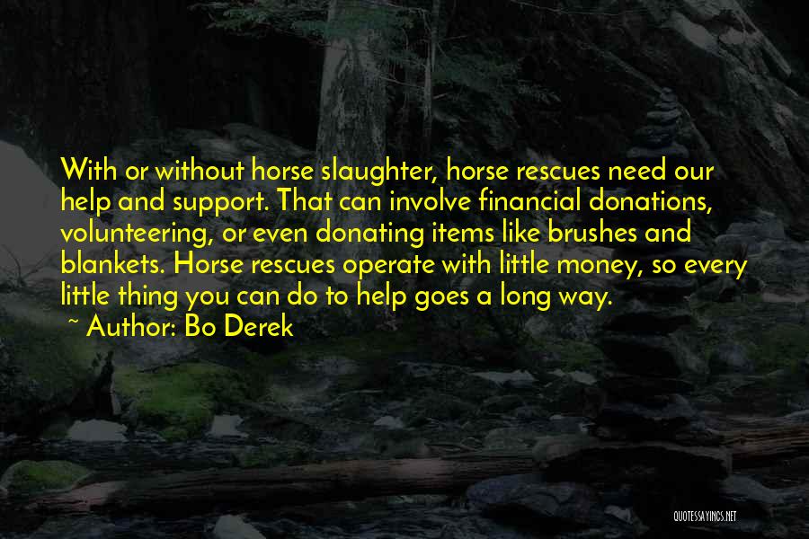 Bo Derek Quotes: With Or Without Horse Slaughter, Horse Rescues Need Our Help And Support. That Can Involve Financial Donations, Volunteering, Or Even