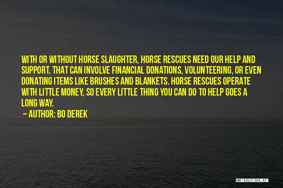 Bo Derek Quotes: With Or Without Horse Slaughter, Horse Rescues Need Our Help And Support. That Can Involve Financial Donations, Volunteering, Or Even