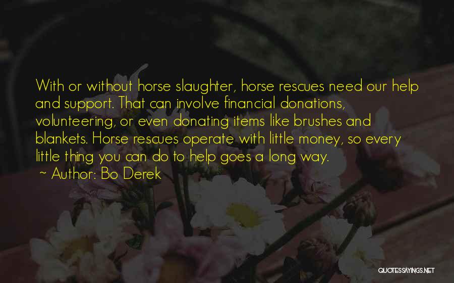 Bo Derek Quotes: With Or Without Horse Slaughter, Horse Rescues Need Our Help And Support. That Can Involve Financial Donations, Volunteering, Or Even