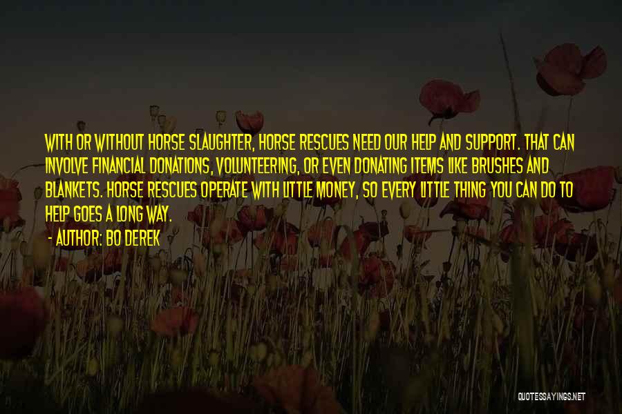 Bo Derek Quotes: With Or Without Horse Slaughter, Horse Rescues Need Our Help And Support. That Can Involve Financial Donations, Volunteering, Or Even