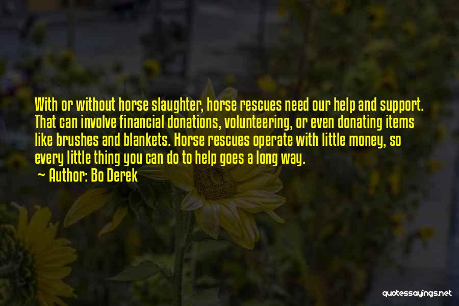 Bo Derek Quotes: With Or Without Horse Slaughter, Horse Rescues Need Our Help And Support. That Can Involve Financial Donations, Volunteering, Or Even