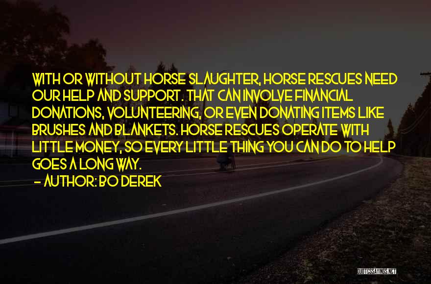 Bo Derek Quotes: With Or Without Horse Slaughter, Horse Rescues Need Our Help And Support. That Can Involve Financial Donations, Volunteering, Or Even