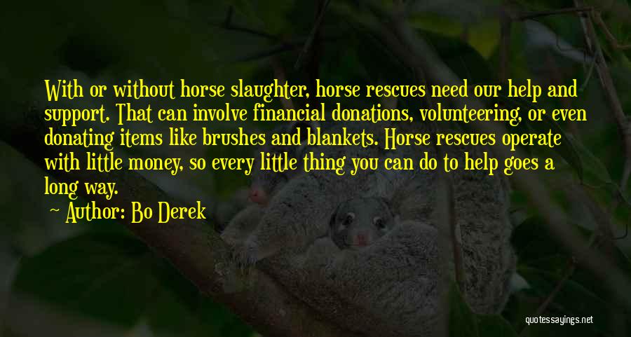 Bo Derek Quotes: With Or Without Horse Slaughter, Horse Rescues Need Our Help And Support. That Can Involve Financial Donations, Volunteering, Or Even