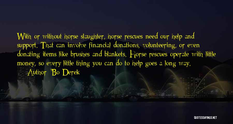 Bo Derek Quotes: With Or Without Horse Slaughter, Horse Rescues Need Our Help And Support. That Can Involve Financial Donations, Volunteering, Or Even