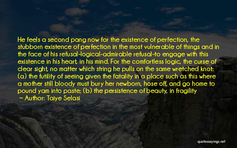 Taiye Selasi Quotes: He Feels A Second Pang Now For The Existence Of Perfection, The Stubborn Existence Of Perfection In The Most Vulnerable