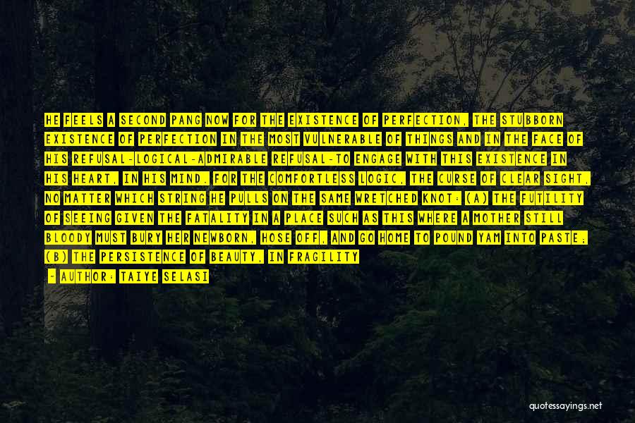 Taiye Selasi Quotes: He Feels A Second Pang Now For The Existence Of Perfection, The Stubborn Existence Of Perfection In The Most Vulnerable