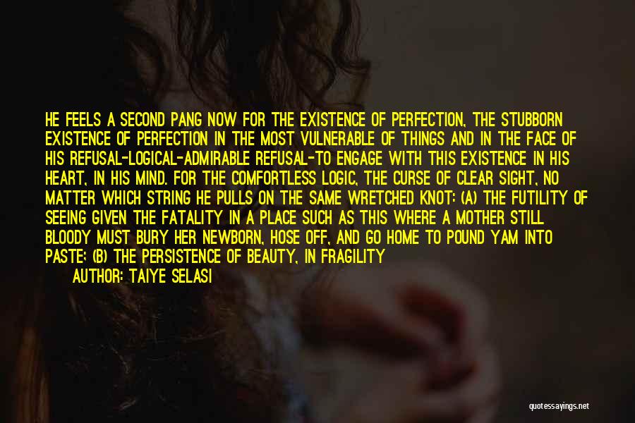 Taiye Selasi Quotes: He Feels A Second Pang Now For The Existence Of Perfection, The Stubborn Existence Of Perfection In The Most Vulnerable