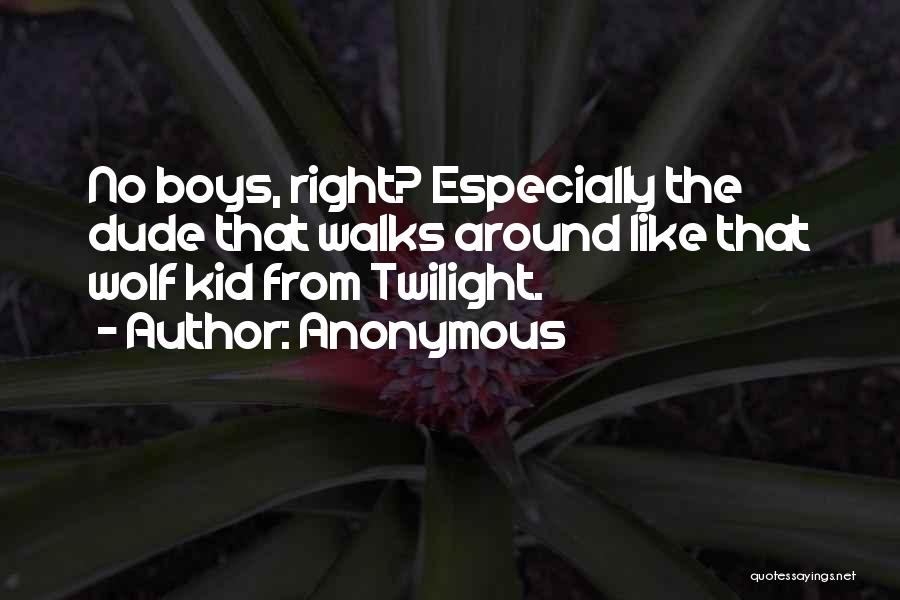 Anonymous Quotes: No Boys, Right? Especially The Dude That Walks Around Like That Wolf Kid From Twilight.