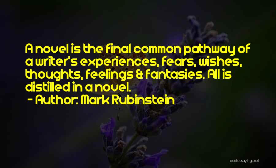 Mark Rubinstein Quotes: A Novel Is The Final Common Pathway Of A Writer's Experiences, Fears, Wishes, Thoughts, Feelings & Fantasies. All Is Distilled