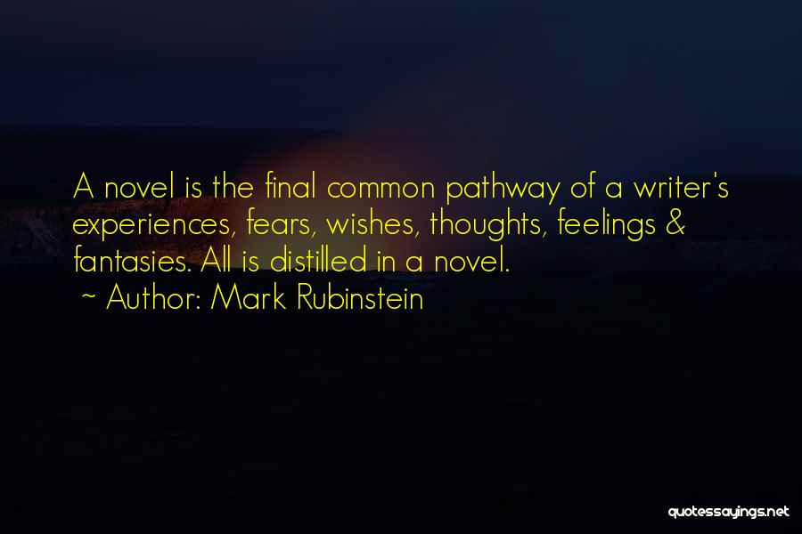 Mark Rubinstein Quotes: A Novel Is The Final Common Pathway Of A Writer's Experiences, Fears, Wishes, Thoughts, Feelings & Fantasies. All Is Distilled