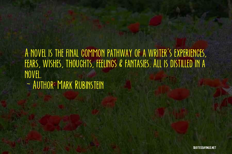 Mark Rubinstein Quotes: A Novel Is The Final Common Pathway Of A Writer's Experiences, Fears, Wishes, Thoughts, Feelings & Fantasies. All Is Distilled