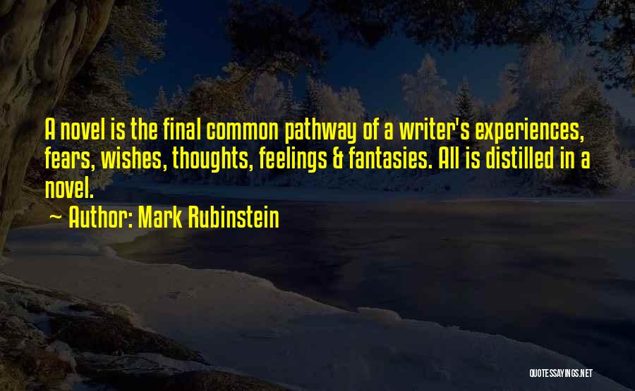 Mark Rubinstein Quotes: A Novel Is The Final Common Pathway Of A Writer's Experiences, Fears, Wishes, Thoughts, Feelings & Fantasies. All Is Distilled