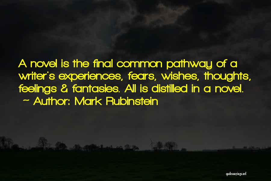 Mark Rubinstein Quotes: A Novel Is The Final Common Pathway Of A Writer's Experiences, Fears, Wishes, Thoughts, Feelings & Fantasies. All Is Distilled
