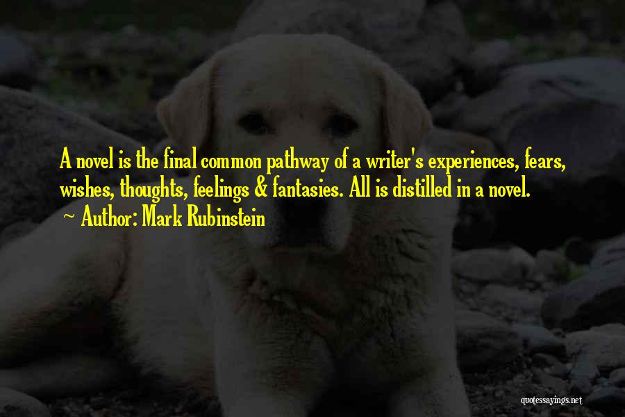 Mark Rubinstein Quotes: A Novel Is The Final Common Pathway Of A Writer's Experiences, Fears, Wishes, Thoughts, Feelings & Fantasies. All Is Distilled