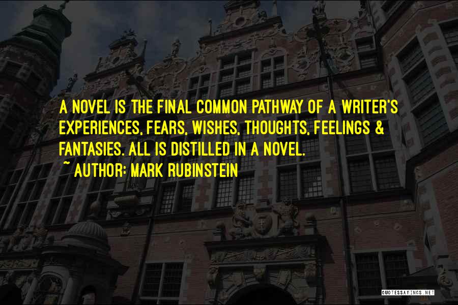 Mark Rubinstein Quotes: A Novel Is The Final Common Pathway Of A Writer's Experiences, Fears, Wishes, Thoughts, Feelings & Fantasies. All Is Distilled