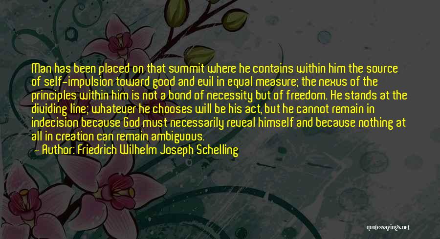 Friedrich Wilhelm Joseph Schelling Quotes: Man Has Been Placed On That Summit Where He Contains Within Him The Source Of Self-impulsion Toward Good And Evil