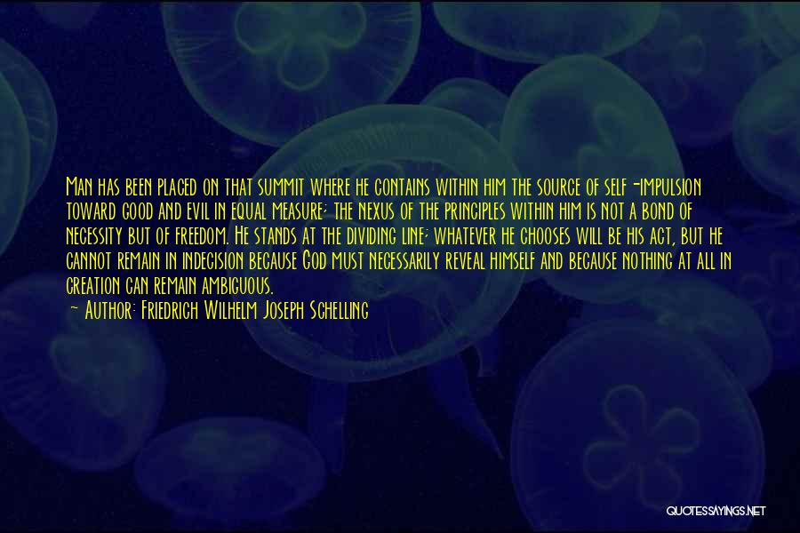 Friedrich Wilhelm Joseph Schelling Quotes: Man Has Been Placed On That Summit Where He Contains Within Him The Source Of Self-impulsion Toward Good And Evil