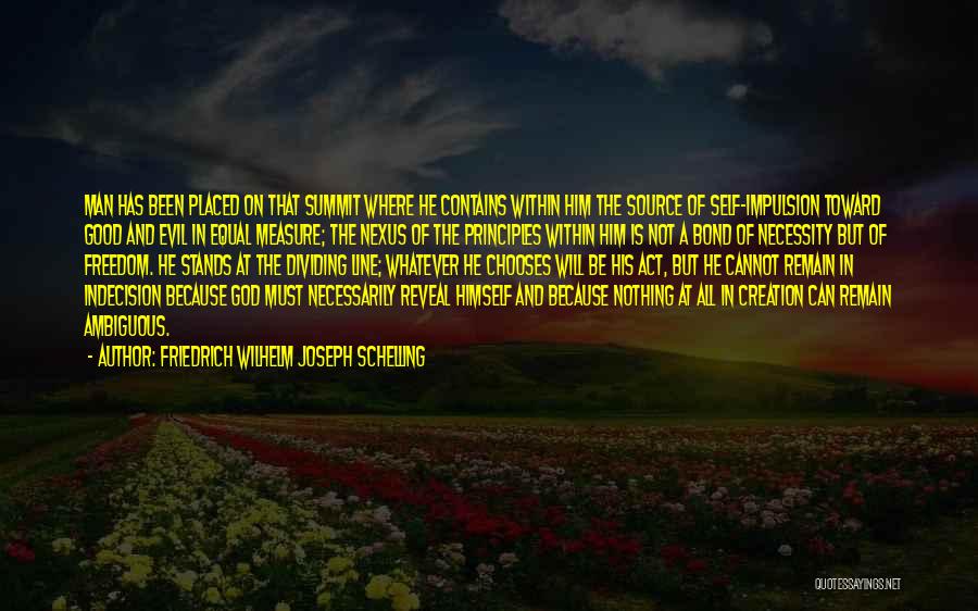 Friedrich Wilhelm Joseph Schelling Quotes: Man Has Been Placed On That Summit Where He Contains Within Him The Source Of Self-impulsion Toward Good And Evil