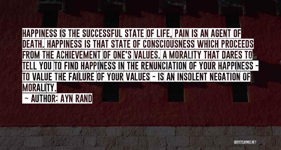 Ayn Rand Quotes: Happiness Is The Successful State Of Life, Pain Is An Agent Of Death. Happiness Is That State Of Consciousness Which