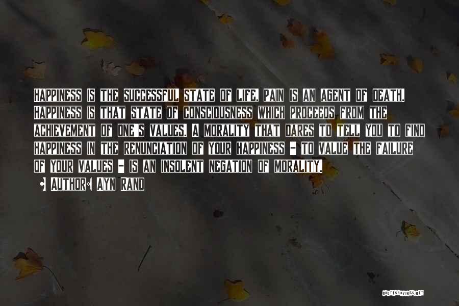 Ayn Rand Quotes: Happiness Is The Successful State Of Life, Pain Is An Agent Of Death. Happiness Is That State Of Consciousness Which