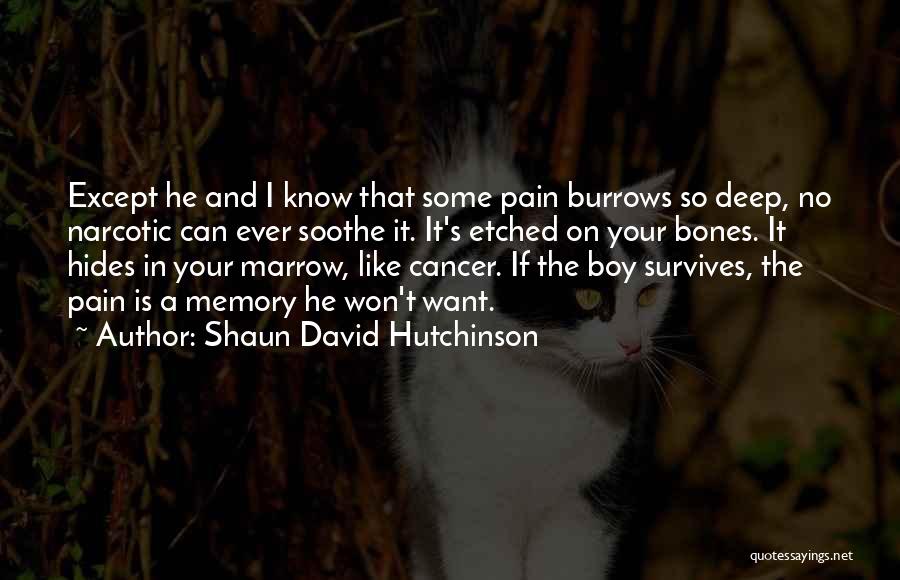 Shaun David Hutchinson Quotes: Except He And I Know That Some Pain Burrows So Deep, No Narcotic Can Ever Soothe It. It's Etched On