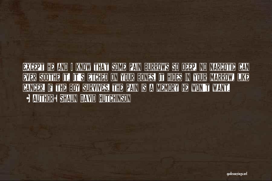 Shaun David Hutchinson Quotes: Except He And I Know That Some Pain Burrows So Deep, No Narcotic Can Ever Soothe It. It's Etched On