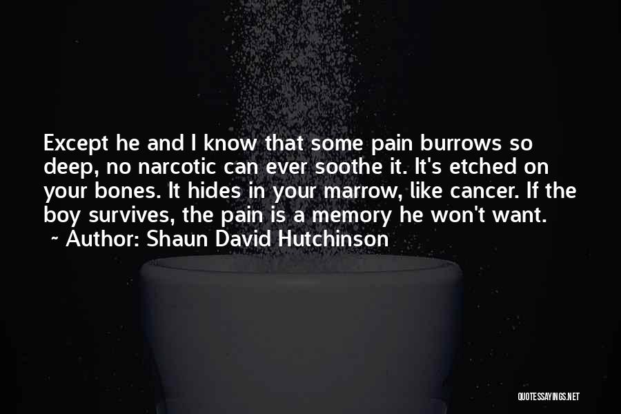 Shaun David Hutchinson Quotes: Except He And I Know That Some Pain Burrows So Deep, No Narcotic Can Ever Soothe It. It's Etched On