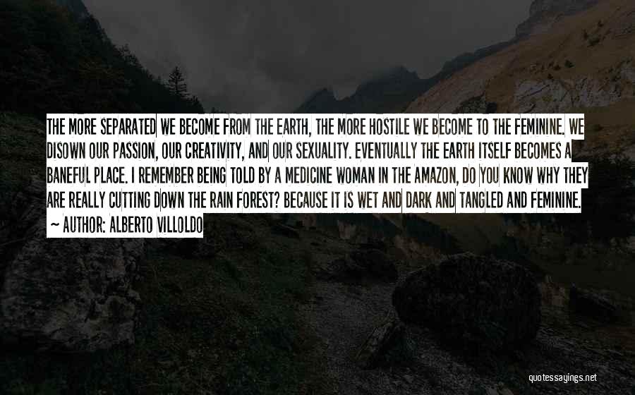 Alberto Villoldo Quotes: The More Separated We Become From The Earth, The More Hostile We Become To The Feminine. We Disown Our Passion,