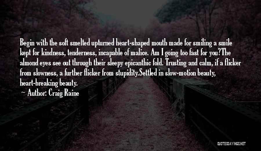 Craig Raine Quotes: Begin With The Soft Smelted Upturned Heart-shaped Mouth Made For Smiling A Smile Kept For Kindness, Tenderness, Incapable Of Malice.