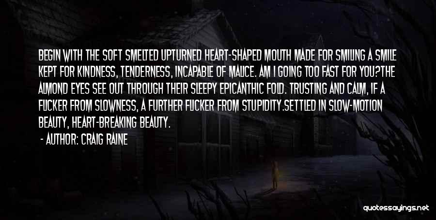 Craig Raine Quotes: Begin With The Soft Smelted Upturned Heart-shaped Mouth Made For Smiling A Smile Kept For Kindness, Tenderness, Incapable Of Malice.