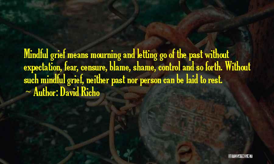 David Richo Quotes: Mindful Grief Means Mourning And Letting Go Of The Past Without Expectation, Fear, Censure, Blame, Shame, Control And So Forth.