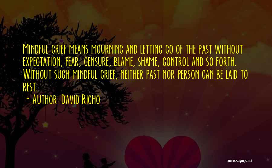 David Richo Quotes: Mindful Grief Means Mourning And Letting Go Of The Past Without Expectation, Fear, Censure, Blame, Shame, Control And So Forth.