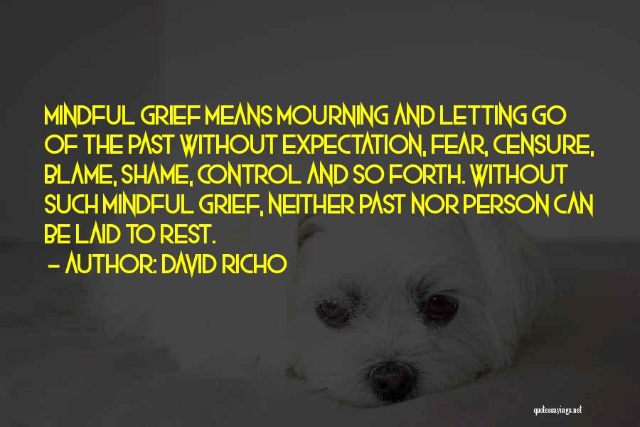 David Richo Quotes: Mindful Grief Means Mourning And Letting Go Of The Past Without Expectation, Fear, Censure, Blame, Shame, Control And So Forth.