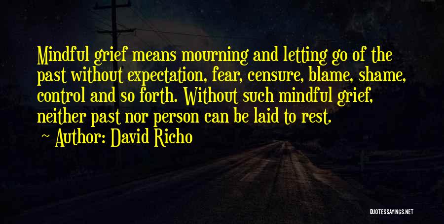 David Richo Quotes: Mindful Grief Means Mourning And Letting Go Of The Past Without Expectation, Fear, Censure, Blame, Shame, Control And So Forth.