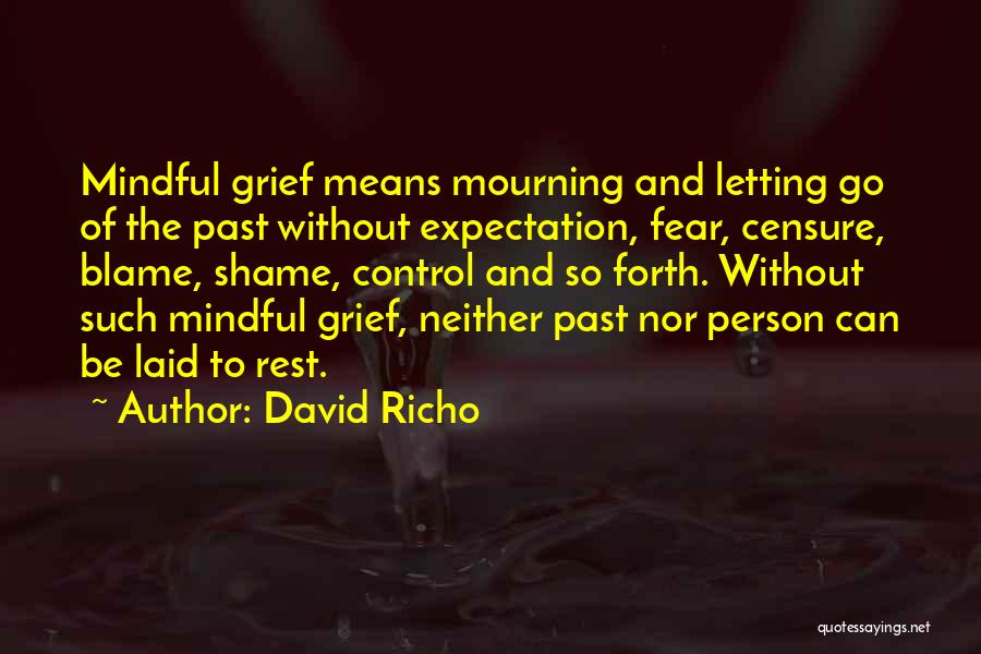 David Richo Quotes: Mindful Grief Means Mourning And Letting Go Of The Past Without Expectation, Fear, Censure, Blame, Shame, Control And So Forth.